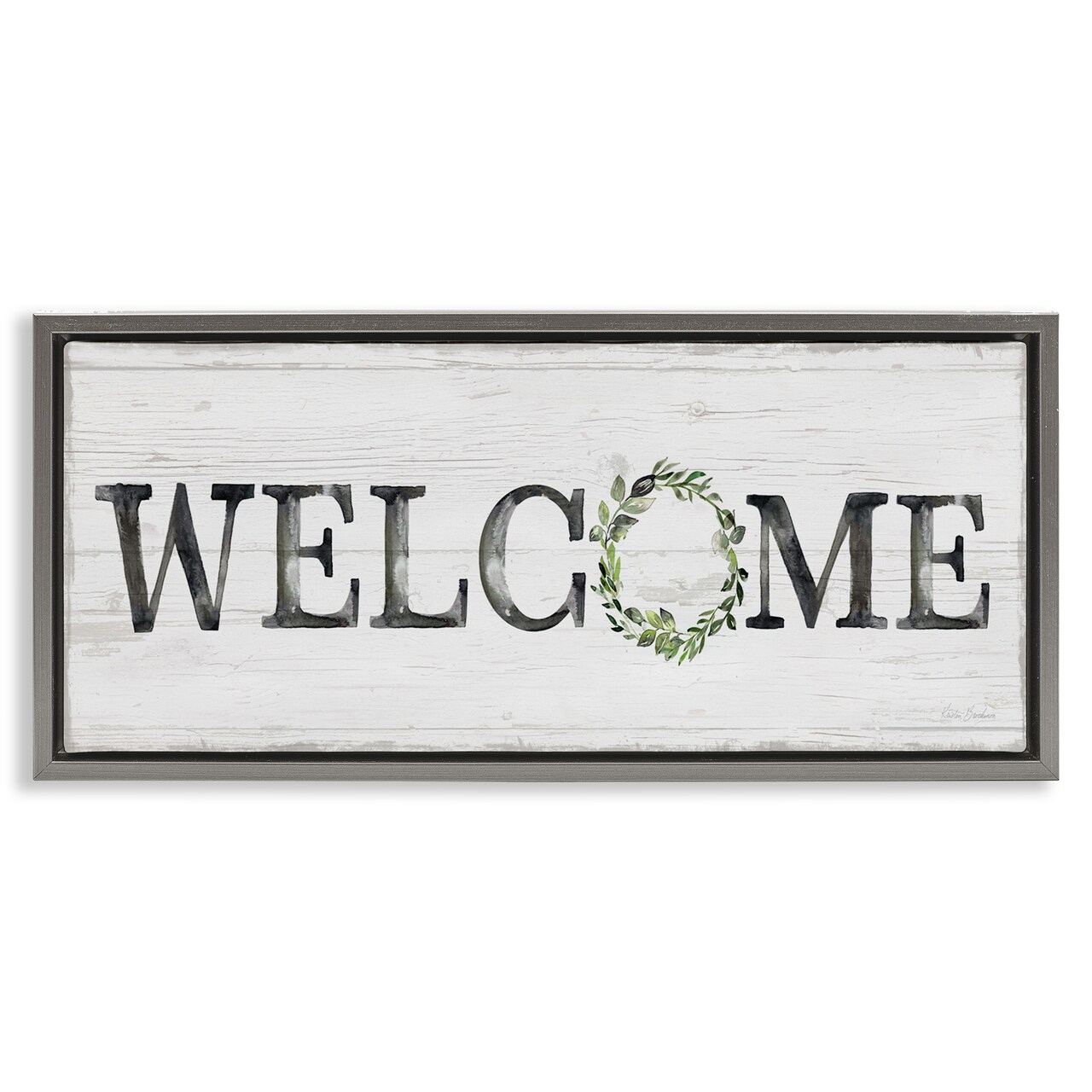 Stupell Industries Welcome with Floral Wreath Framed Floater Canvas Wall Art Design by Kristen Brockmon